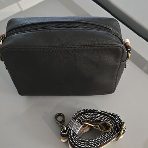 NWT Thirty-one Elegant Black Crossbody Bag with Striped Strap